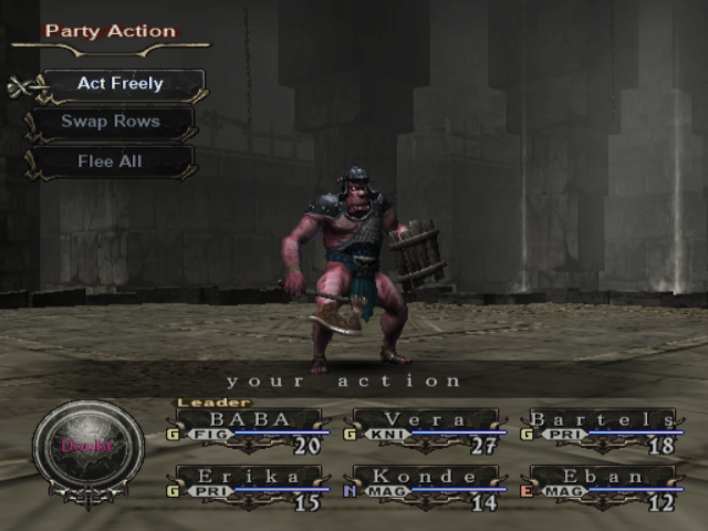 An English battle screen: the party faces an ogre, with the Party Action menu and six character bars at the bottom.