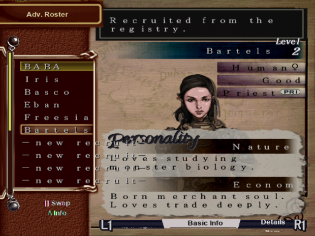 Adventurer roster screen listing party members with race, alignment, class and personality details in English.