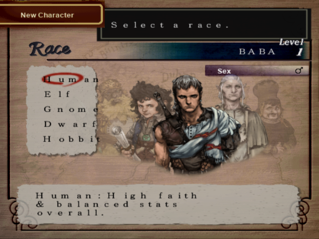 Character creation: a Select a race menu listing Human, Elf, Gnome, Dwarf and Hobbit beside a hero portrait.