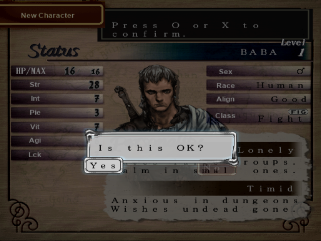 Character status screen showing translated stats HP, Str, Int, Pie, Vit, Agi, Lck and a confirmation prompt.