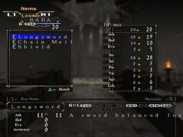 Equipment screen comparing a Longsword, Chain Mail and Shield against detailed combat stats.