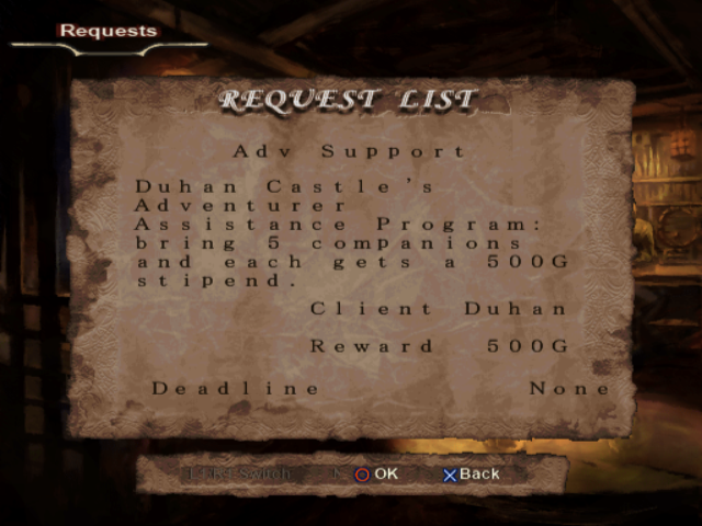 A parchment Request List quest screen describing an Adventurer Assistance Program, client and reward.